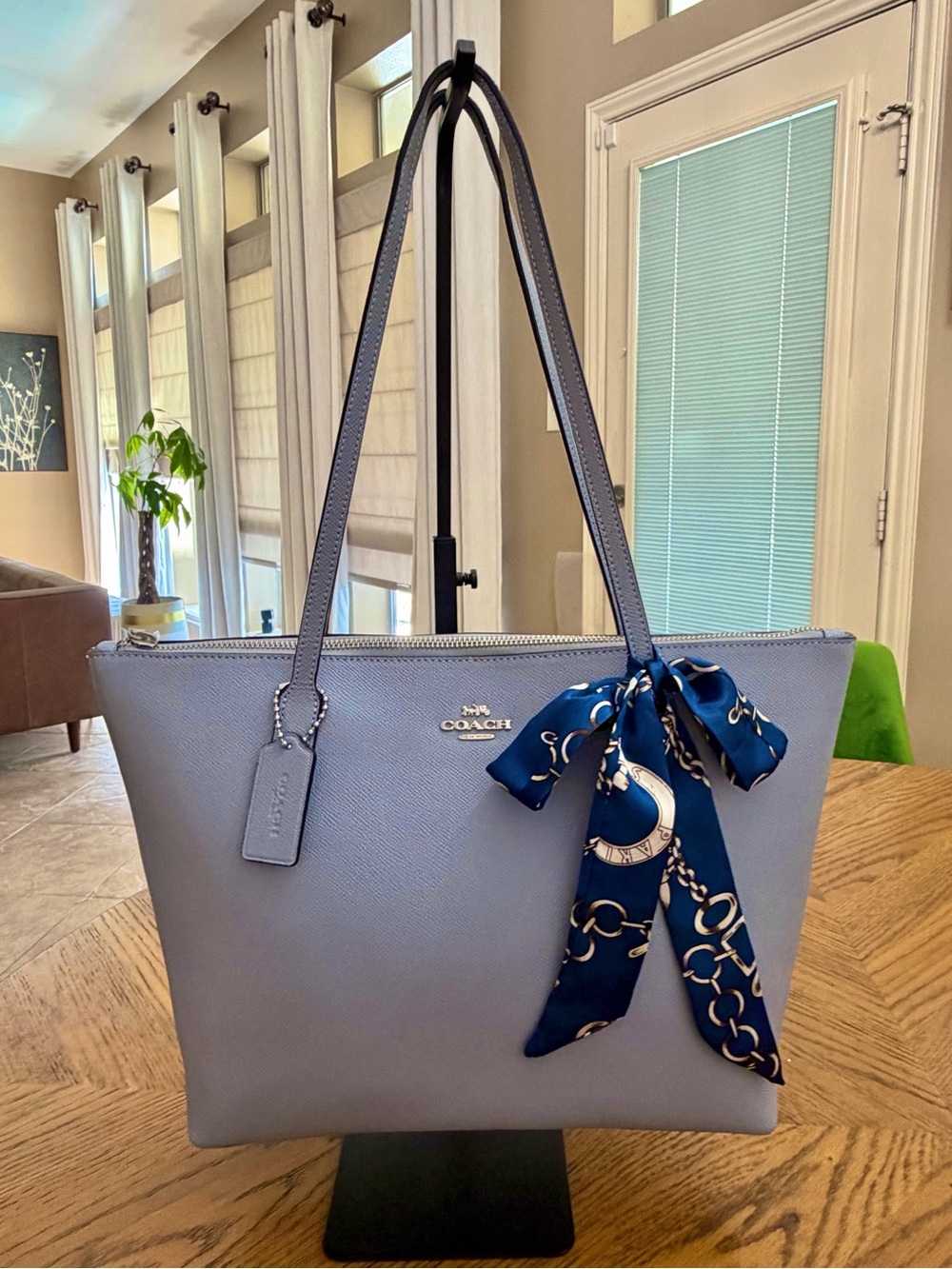EUC Coach Slate Blue Leather Tote with Silk Scarf